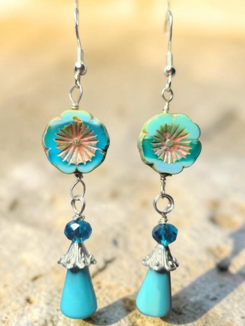 Elegant Handmade Turquoise Czech Floral Glass Bead Dangle Earrings